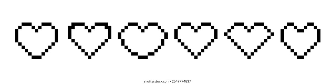 Pixel Hearts Rating Set, 8-bit Love Icon Row Vector Graphic