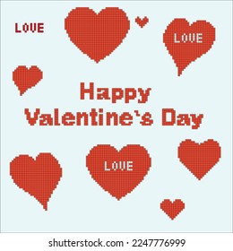 Pixel hearts red pixelated in vector.Letters pixel art happy Valentines day