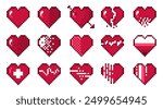 Pixel hearts. Retro 8 bit abstract love symbols, pixelated romance and friendship heart icons, 2D pixel art game asset. Vector isolated set. Broken heart and with amour arrow valentine day sign.