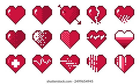 Pixel hearts. Retro 8 bit abstract love symbols, pixelated romance and friendship heart icons, 2D pixel art game asset. Vector isolated set. Broken heart and with amour arrow valentine day sign.