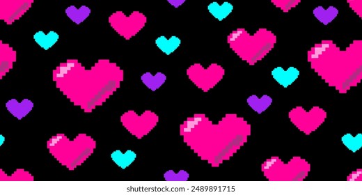 Pixel hearts retro seamless pattern. Vector illustration 90s aesthetic repeated ornament. Scattered love symbol geometric shapes. Design for textile, fabric, background, wrapper, packaging, wallpaper.