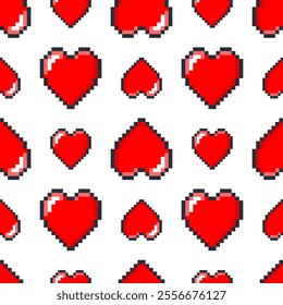 Pixel hearts seamless pattern. Repeated love and romance objects. 8 bit retro arcade games life elements. Red amour icon. Romantic passion. Saint valentine day print