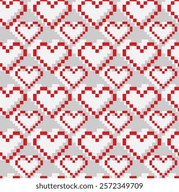 Pixel Hearts Seamless pattern in trendy soft gray and red. St Valentines Day Pixel Art Backdrop idea