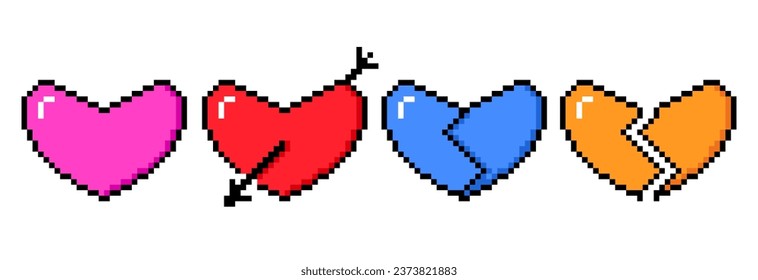 Pixel hearts set. 8 bit video game style heart collection. Heart with arrow and broken concept for Valentine day. Romantic pixel art illustration for banner, poster, collage, leaflet, brochure. Vector