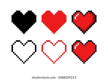 Pixel hearts set icons. Life Bar Icons. Flat style. Vector icons.