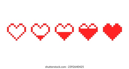 Pixel hearts set in pixel style on white background. Vector, illustration.