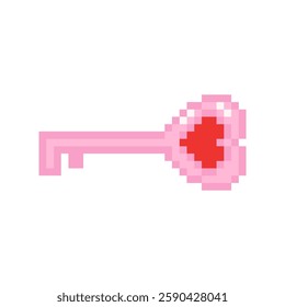 Pixel heart-shaped key for a love lock. Nostalgic symbol of romance and security. Hand drawn vector illustration.