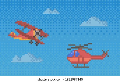 Pixel helicopter and plane for old pixel-game design layout. Air transport flying in sky. Colored propeller pixelated vehicles for monster fighting game. Combat aircrafts while flying among clouds