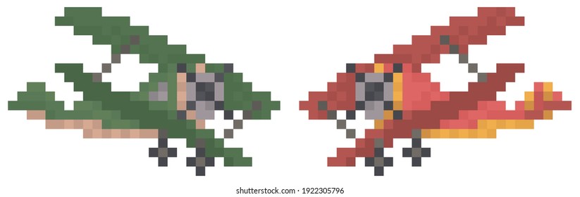 Pixel helicopters for old game. Air transport vector illustration. Airplanes design layout. Colored propeller helicopters for monster fighting game. Combat aircrafts isolated on white background