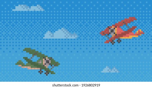 Pixel helicopters for old game design layout. Air transport flying in sky vector illustration. Colored propeller helicopters for monster fighting game. Combat aircrafts while flying among clouds
