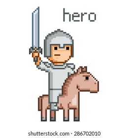 Pixel hero for 8 bit video game and design