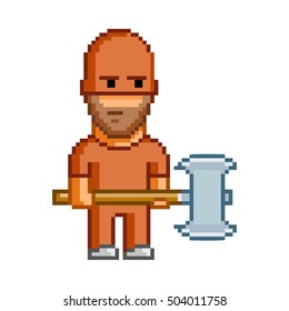 Pixel hero with axe for 8-bit video games.