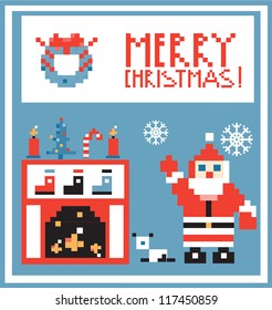 Pixel Holidays Card Christmas living room with Santa background