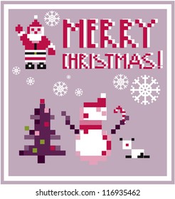 Pixel Holidays People card Santa and Snowman card /  icons set theme in pixel art style, vector illustration