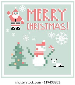 Pixel Holidays People card Santa and Snowman card /  icons set theme in pixel art style, vector illustration