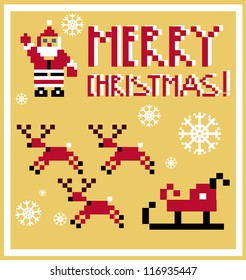 Pixel Holidays Santa's reindeer, sledge icons set theme in pixel art style, vector illustration