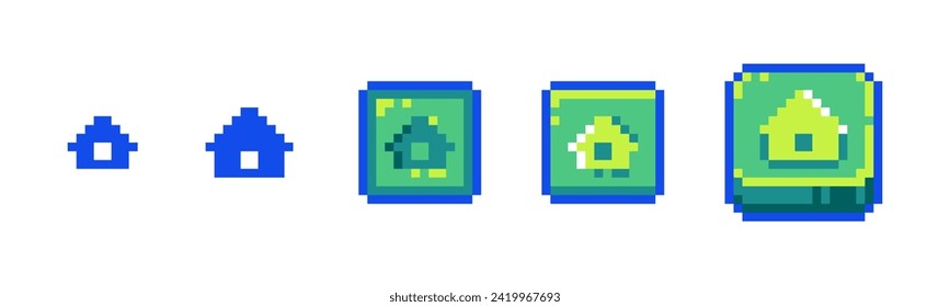 Pixel Home Icon Set for Retro Game UI. Retro 8-Bit Style Main Menu and Homepage Buttons