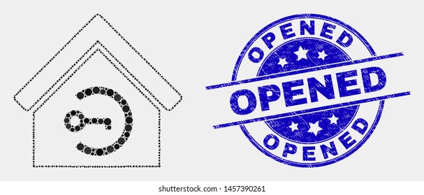 Pixel home keyhole mosaic pictogram and Opened seal stamp. Blue vector rounded grunge stamp with Opened text. Vector collage in flat style. Black isolated home keyhole mosaic of random circles,