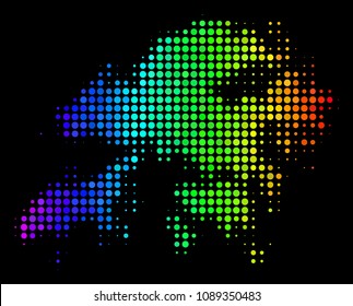 Pixel Hong Kong map. Halftone geographic scheme drawn with rainbow color tinges with horizontal gradient on a black background. Vector concept of Hong Kong map organized of circle points.
