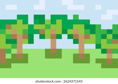 pixel horizontal background with trees against the sky. park or forest conceptual game in pixel art style, in primitive square blocks