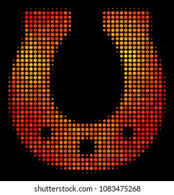 Pixel horseshoe icon. Bright pictogram in orange color hues on a black background. Vector halftone concept of horseshoe symbol organized with circle points.