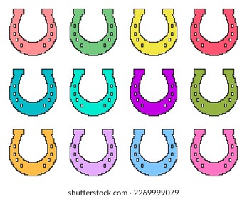 Pixel horseshoe icon set isolated on white background. Symbol of good luck and happiness 8 bit horseshoe in retro video game style. Vector illustration