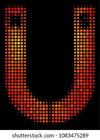Pixel horseshoe magnet icon. Bright pictogram in fire orange color variations on a black background. Vector halftone composition of horseshoe magnet pictogram formed with round points.