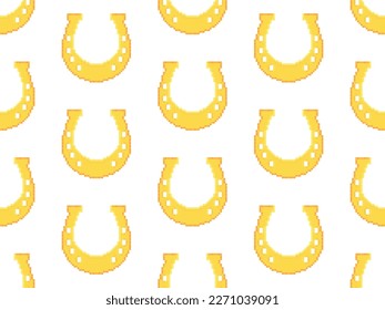 Pixel horseshoes seamless pattern. Happy Saint Patrick's Day. Symbol of good luck and happiness 8 bit horseshoe in retro video game style. Vector illustration