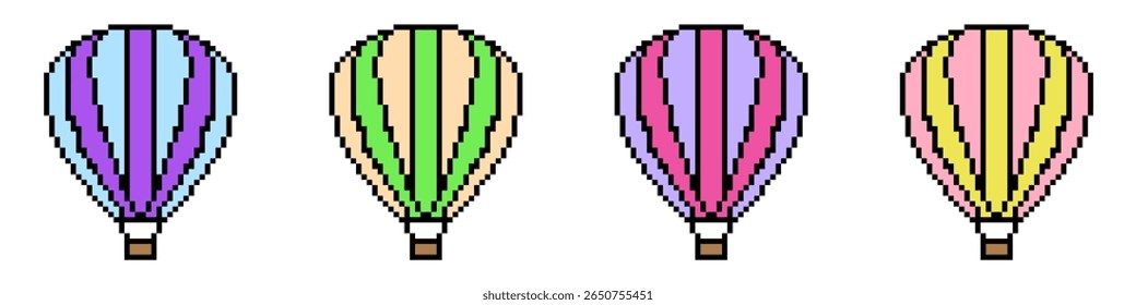 Pixel hot air balloon vector, a charming retro-style symbol of adventure and journey. Ideal for gaming, travel themes, or nostalgic designs evoking a sense of exploration and freedom.