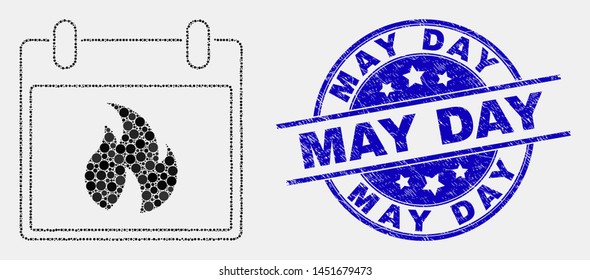 Pixel hot calendar leaf mosaic pictogram and May Day seal stamp. Blue vector round textured seal stamp with May Day message. Vector collage in flat style.