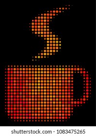 Pixel hot coffee cup icon. Bright pictogram in hot color shades on a black background. Vector halftone concept of hot coffee cup icon formed from round pixels.