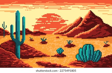 Pixel hot desert with mountains and cacti background. Dry 8bit valley with yellow sand and red hills with sun in hot haze. Gradient pixelated sky before vector sunrise