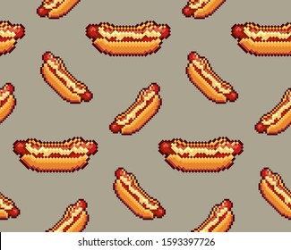 pixel hot dog. 8 bits. vector illustration. seamless pattern