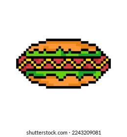 Icono de perro caliente de píxeles, hot dog de 8 bits. Perro caliente Pixel Art, Ilustración vectorial aislada en fondo blanco.