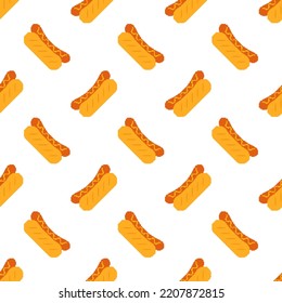 Pixel hot dog seamless pattern. 8 bit hot dog on white background. Fast food in pixel art style. Retro design for wrapping paper, wallpaper, packing, fabric. Vector illustration