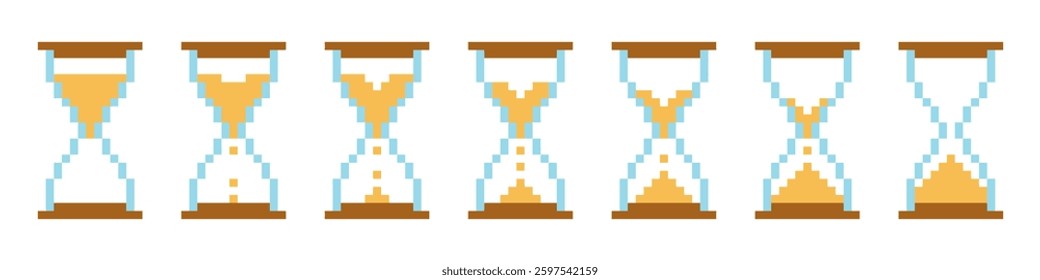 Pixel hourglass animation. Vintage yellow timer with sand for time and countdown to measure minutes and seconds interface