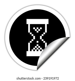 pixel hourglass - black vector icon. Round sticker.