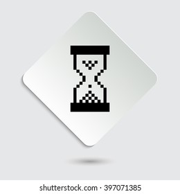 pixel hourglass - black vector icon  on a paper button