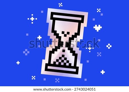 Pixel hourglass icon with holographic gradient on blue. Retro Y2K digital aesthetic glass clock shape. Iridescent cyber timer symbol for loading screens, waiting time, countdown, gaming interfaces