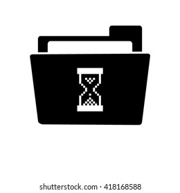 pixel hourglass - white vector icon;  black folder