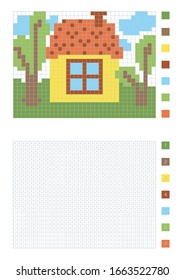 Pixel house in the coloring page with numbered squares, vector illustration