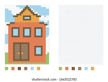 Pixel house in the coloring page with numbered squares, vector illustration
