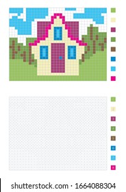 Casa de píxeles en la página de color con cuadrados numerados, ilustración vectorial