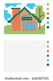 Pixel house in the coloring page with numbered squares, vector illustration