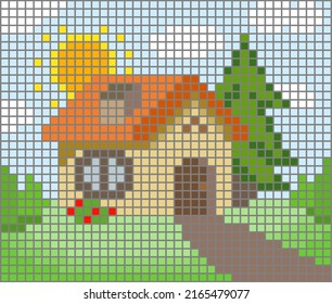 Pixel House For Cross Stitch Patterns. Illustration Of Mosaic Tile House Vector