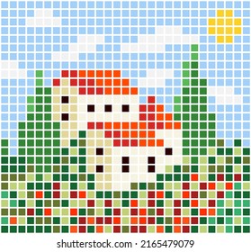 Pixel House For Cross Stitch Patterns. Illustration Of Mosaic Tile House Vector