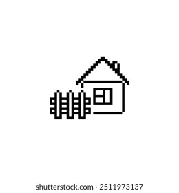 Pixelhaus mit Zaunsymbol. Heimzeichen Pixel Art Symbol Vektor 8 Bit Spiel