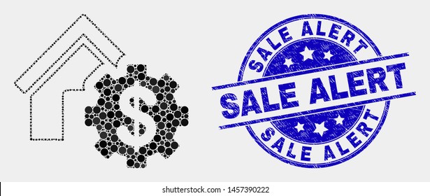 Pixel house financial settings mosaic icon and Sale Alert stamp. Blue vector rounded textured seal stamp with Sale Alert caption. Vector combination in flat style.