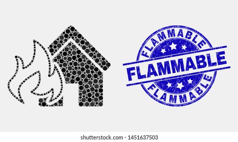 Pixel house fire disaster mosaic pictogram and Flammable watermark. Blue vector round textured watermark with Flammable text. Vector composition in flat style.