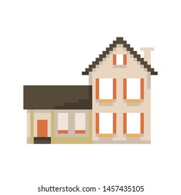 Pixel house isolated on white background. Village. Graphics for games. 8 bit. Vector illustration